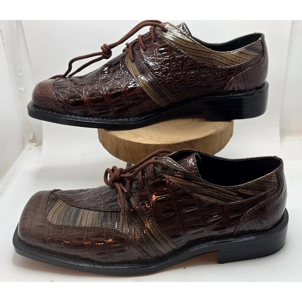 Stacy Adams Mens 41018-200 Brown Faux Croc Square Toe Oxford Dress Shoes 7M